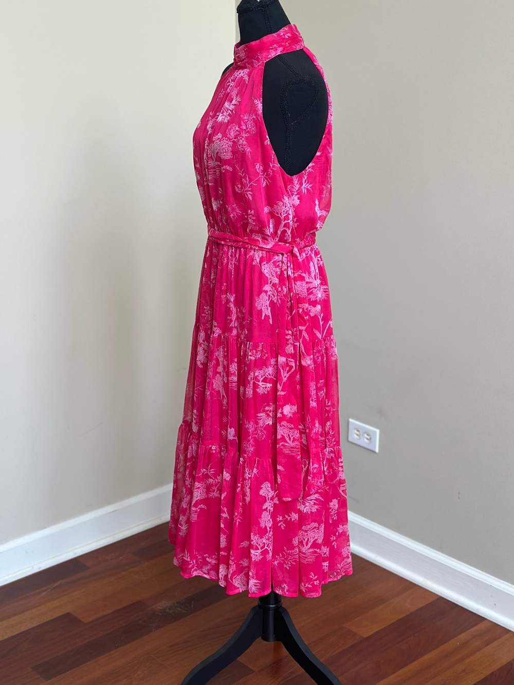 NWOT - Lulu's Hot Pink Floral Print Halter-Neck Tiered Midi Dress - Picture 5 of 11